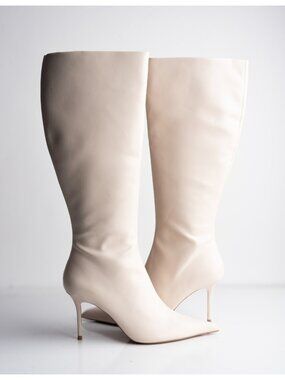 Zara Womens Knee High Faux Leather Heeled Boots Ivory Ecru US 8 EU 39 NWT